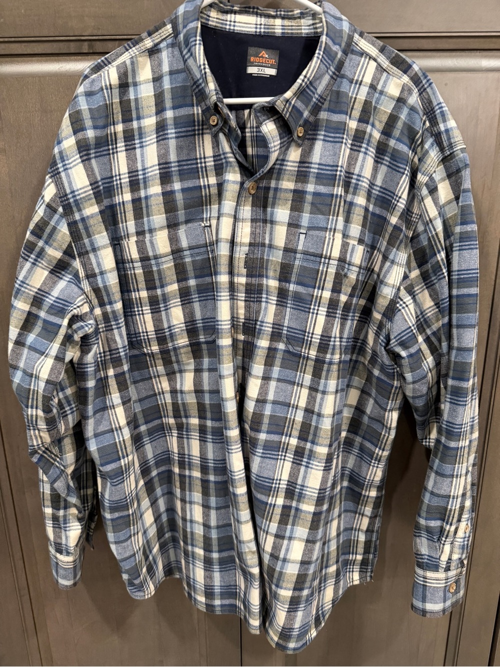 Ridgecut Toughwear Mens 3XL Blue Gray Plaid Fleece Lined Flannel Shirt Heavyweig